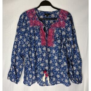 J.Crew Embroidered Cotton Top Size L Pink Blue Coastal